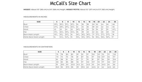 mccalls sewing pattern size chart.